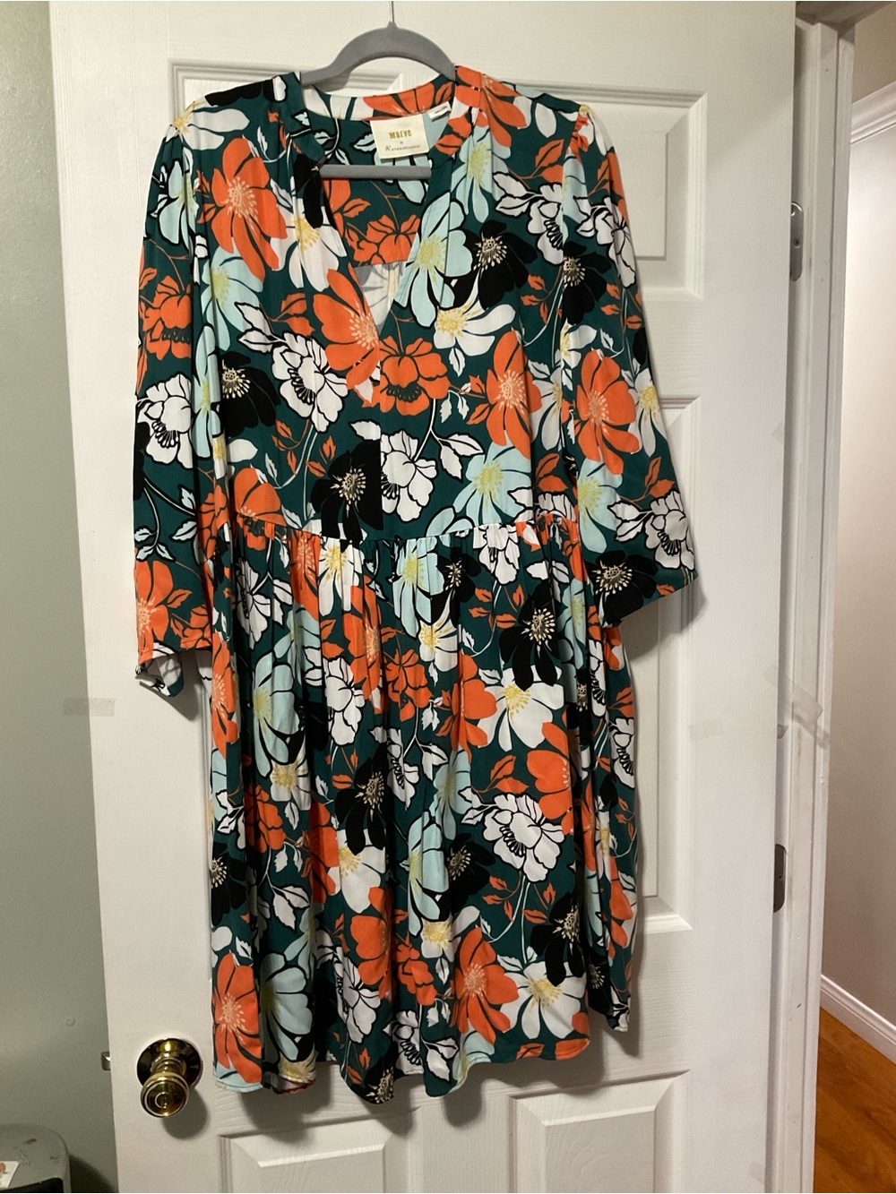 Anthropologie Teal Floral Tiered V-Neck Dress with Orange & White Blooms